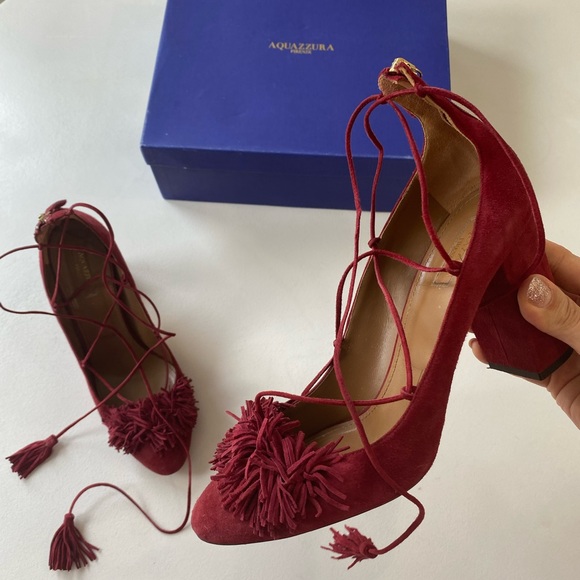 Aquazzura Burgundy Suede Fringe Wild Thing Pumps Lace Up Heels Size 41 US 10 - Picture 3 of 11